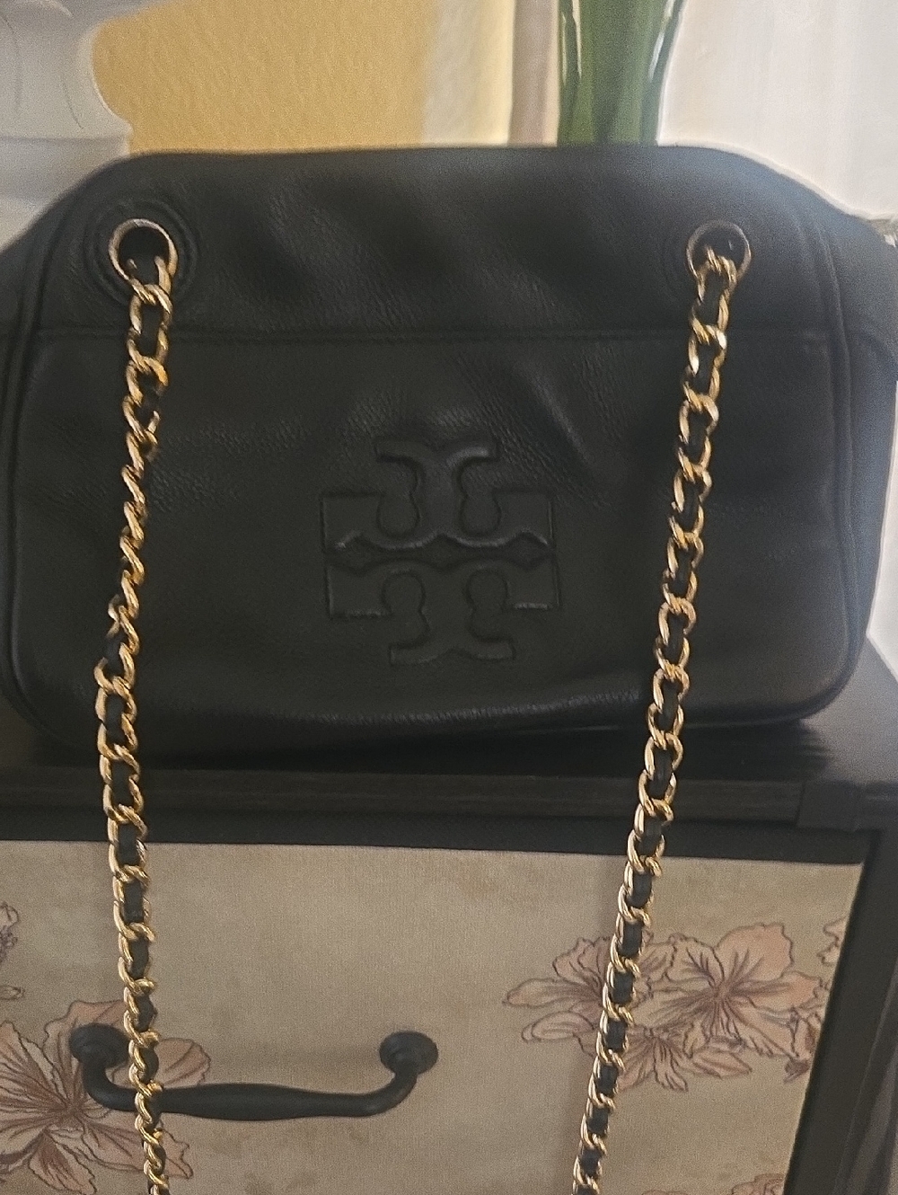 Tory Burch Black Quilted Leather Shoulder Bag with Gold Chain Strap